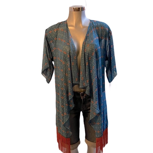 LulaRoe Lagenlook Duster Cardigan Fringe Sheer Kimono Blue/Red Western Sz Small - Picture 3 of 8